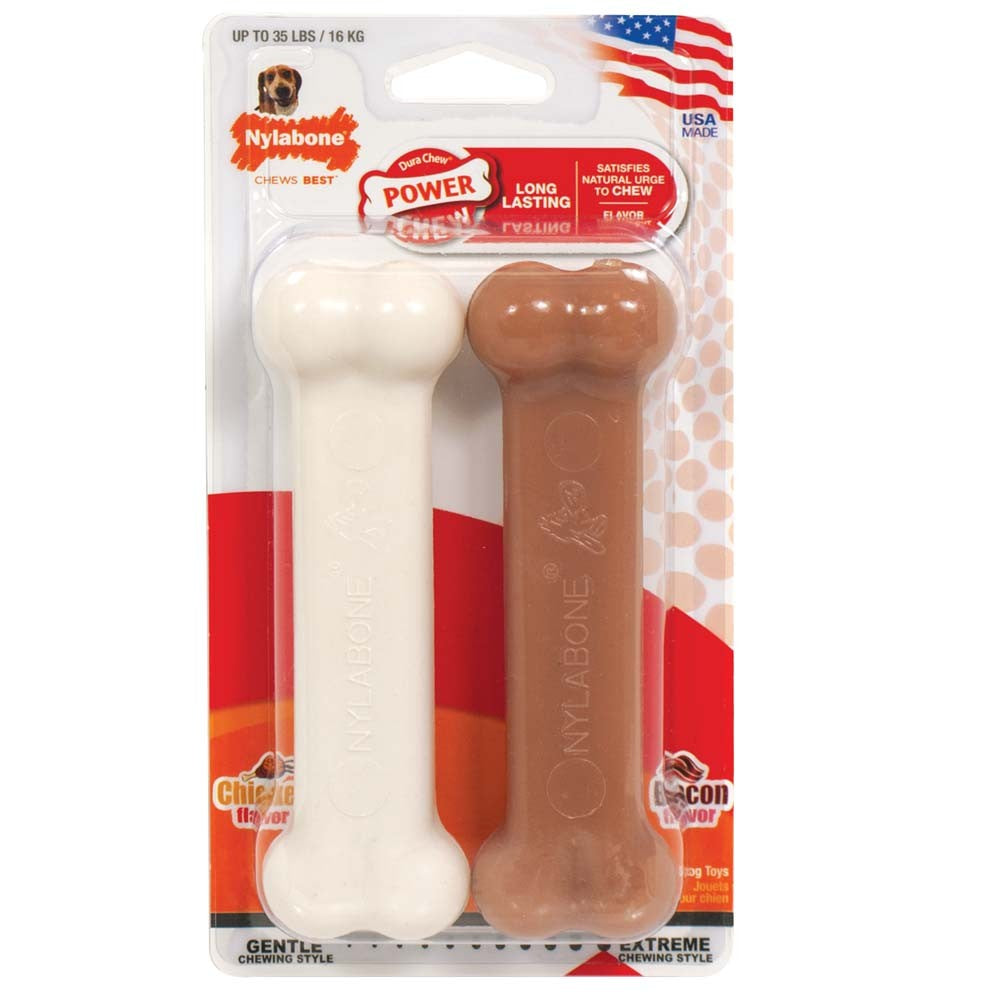 Nylabone Classic Twin Pack Power Chew Flavored Durable Dog Chew Toy Twin Pack, Bacon Chicken, 1ea/Medium/Wolf 2 ct