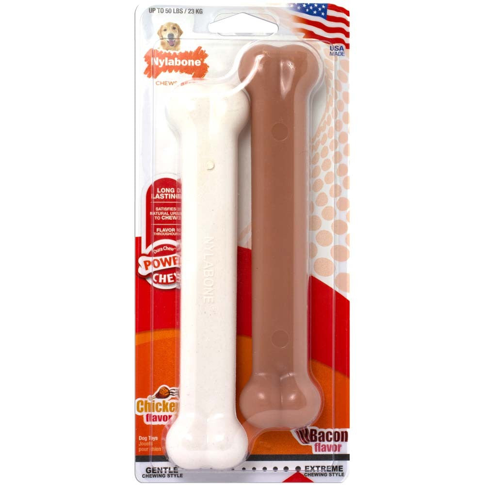 Nylabone Classic Twin Pack Power Chew Flavored Durable Dog Chew Toy Twin Pack, Bacon Chicken, 1ea/Large/Giant 2 ct