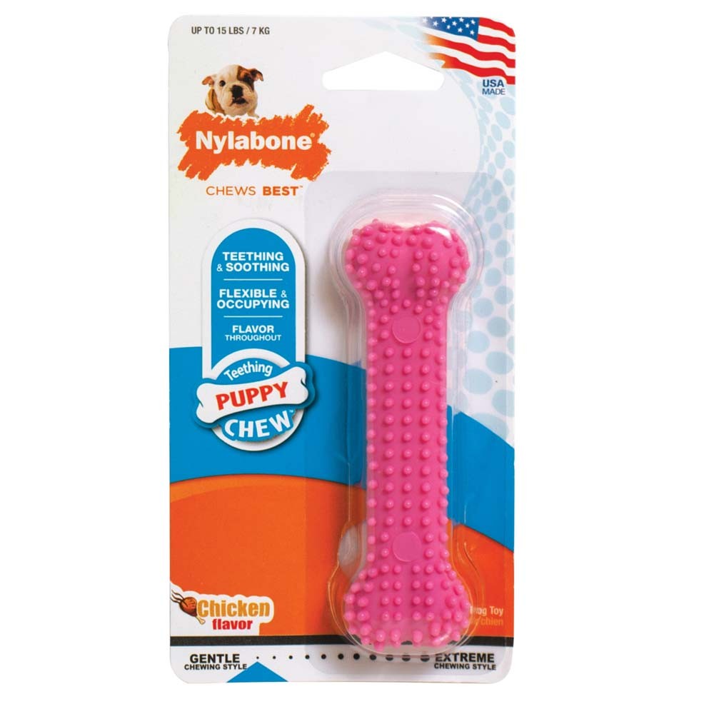 Nylabone Puppy Teething Soothing Flexible Chew Toy Pink Bone, Chicken, 1ea/XS/Petite 1 ct