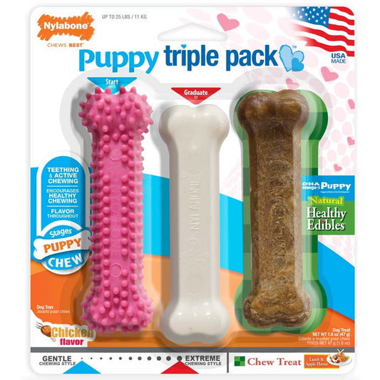 Nylabone Puppy Chew Variety Toy Treat Triple Pack Chicken Lamb Starter Kit, 1ea/SMall/Regular Up To 25 Ibs.