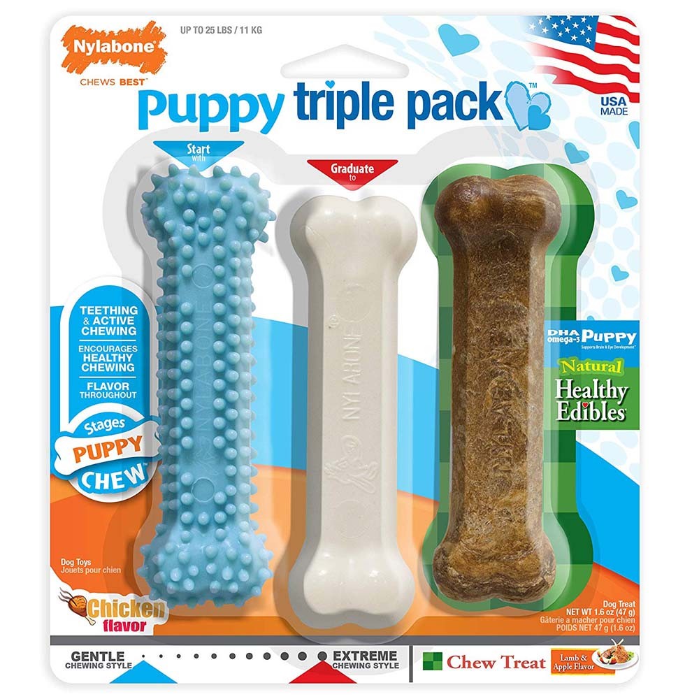 Nylabone Puppy Chew Variety Toy Treat Triple Pack 3 count, 1ea/SMall/Regular Up To 25 Ibs.