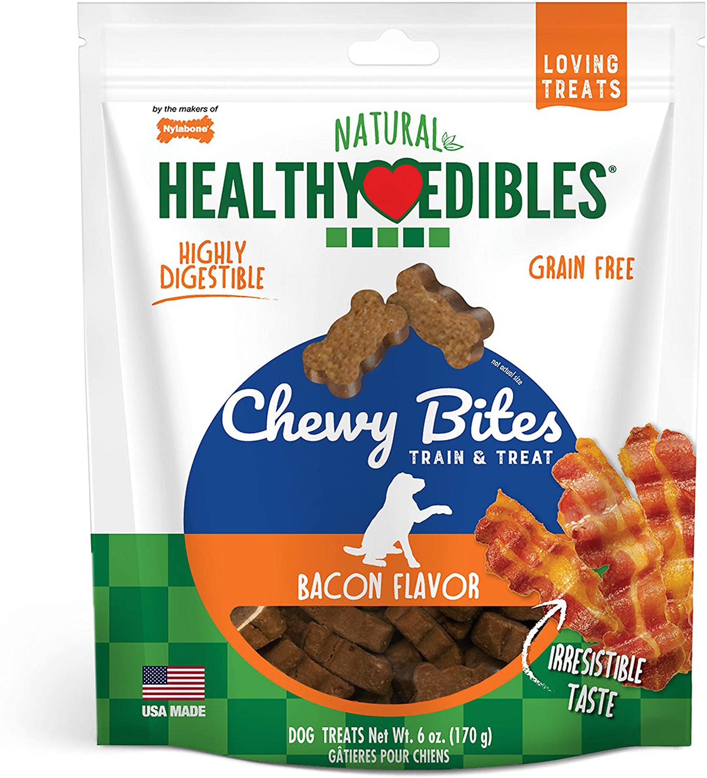 Nylabone Healthy Edibles Chewy Bites Dog Training Treats Bacon, 1ea/6 oz