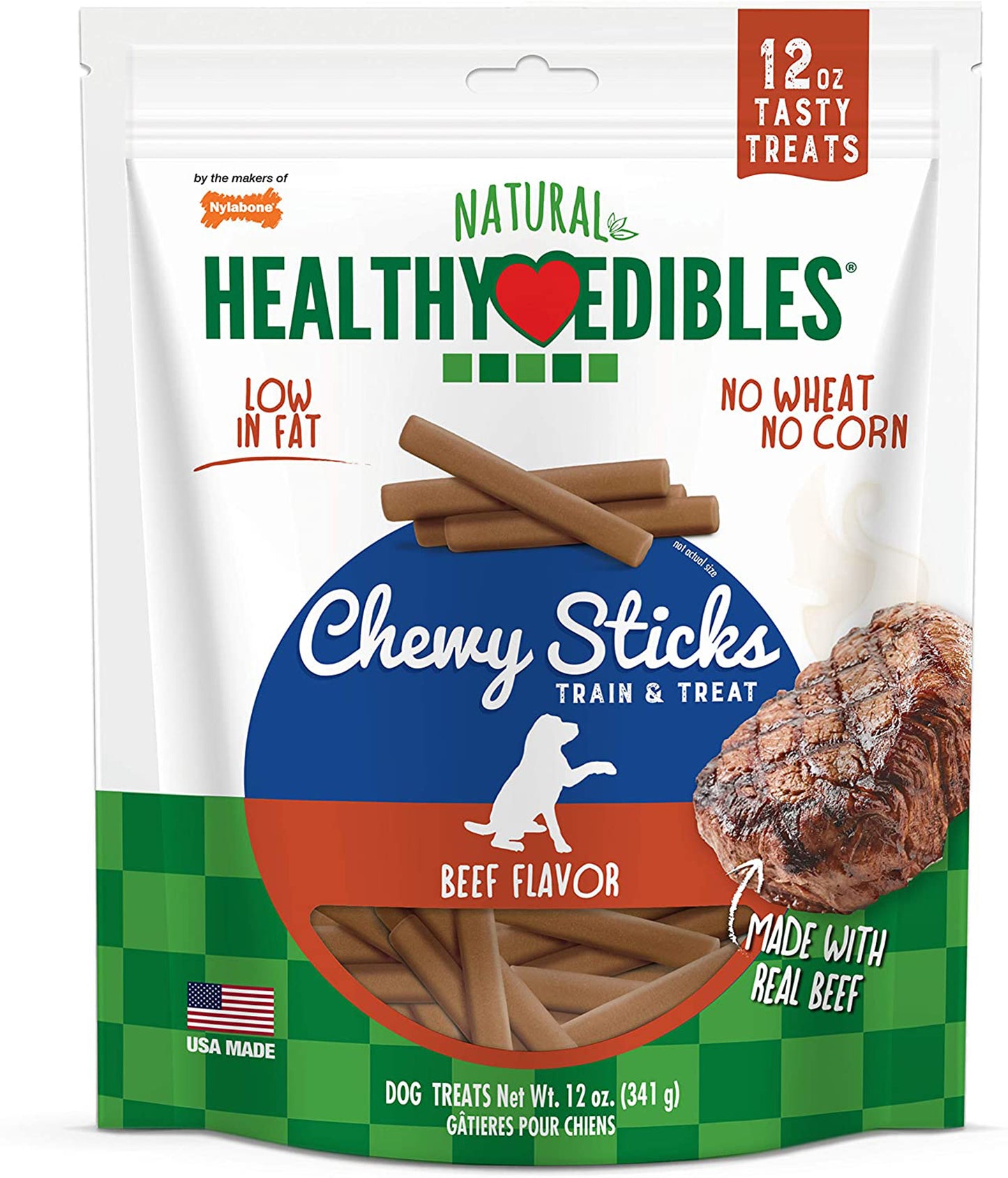 Nylabone Healthy Edibles Chewy Sticks Dog Training Treats Sticks, Beef, 12 oz