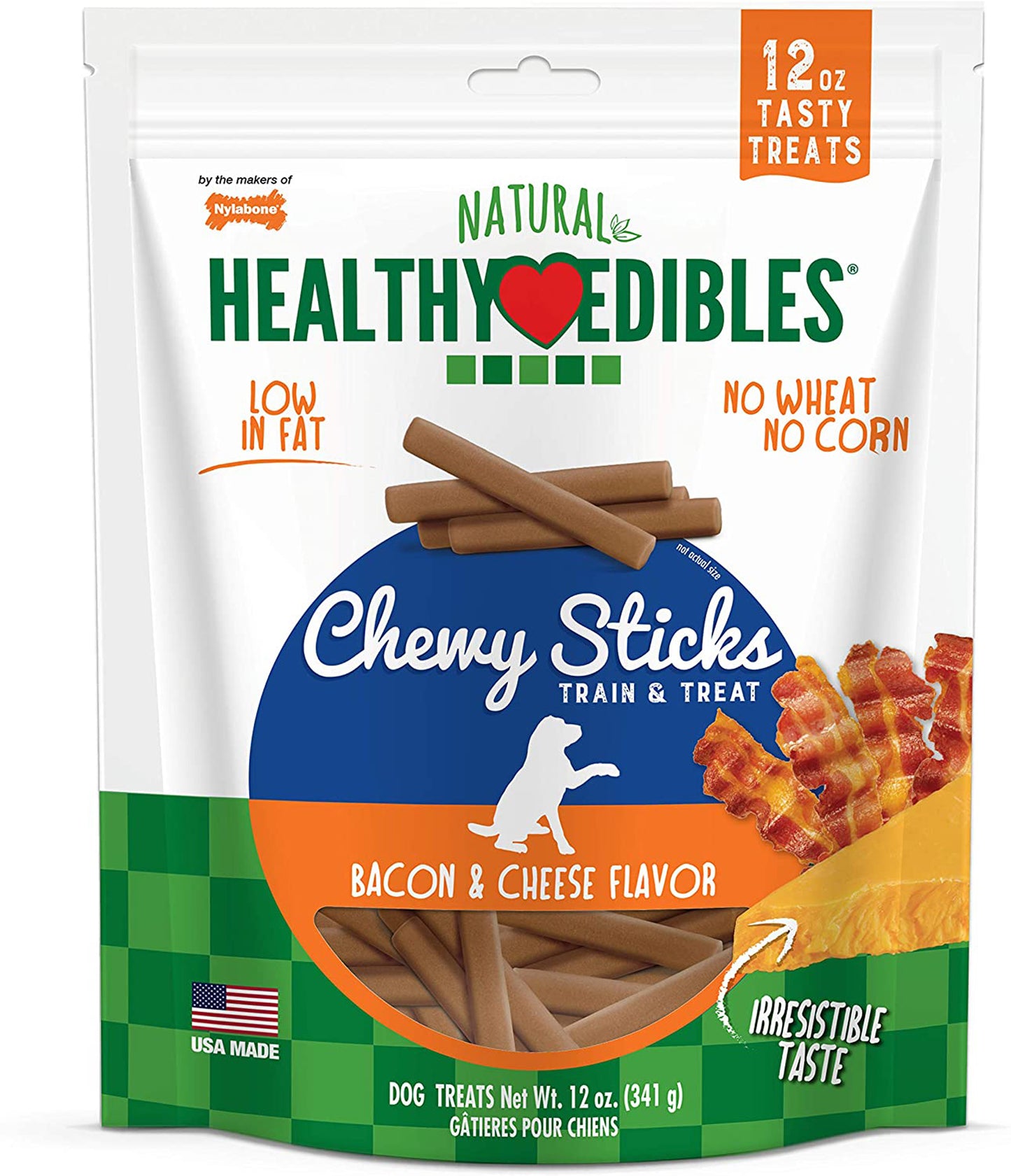 Nylabone Healthy Edibles Chewy Sticks Dog Training Treats Bacon Cheese, 1ea/12 oz