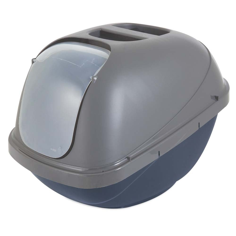 Petmate Basic Hooded Cat Litter Box Blue Steel Base, Pearl Silver Hood Large