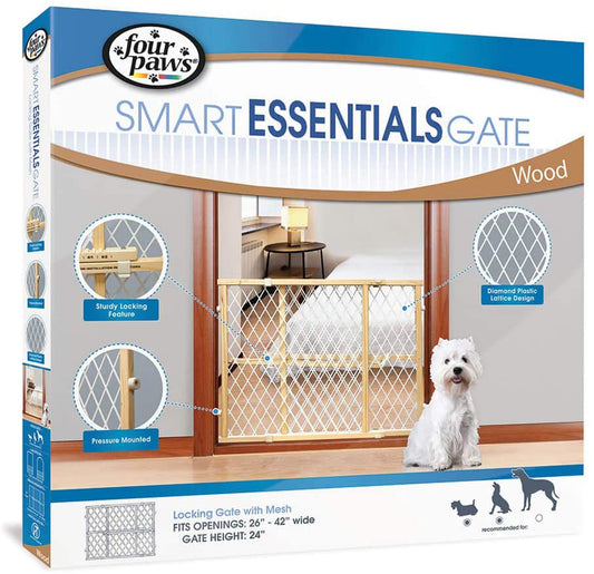 Four Paws Locking Wood Gate with Mesh 26-42" W x 24" H