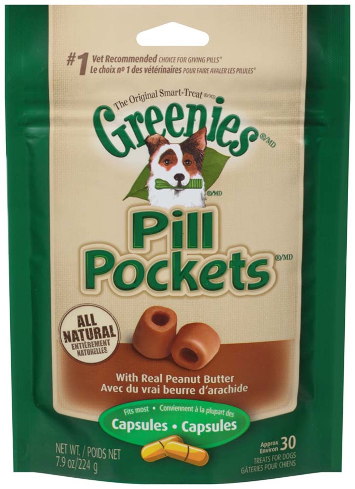 Greenies Pill Pockets Dog Treats Real Peanut Butter Flavor Capsule 30 Count 7.9 oz