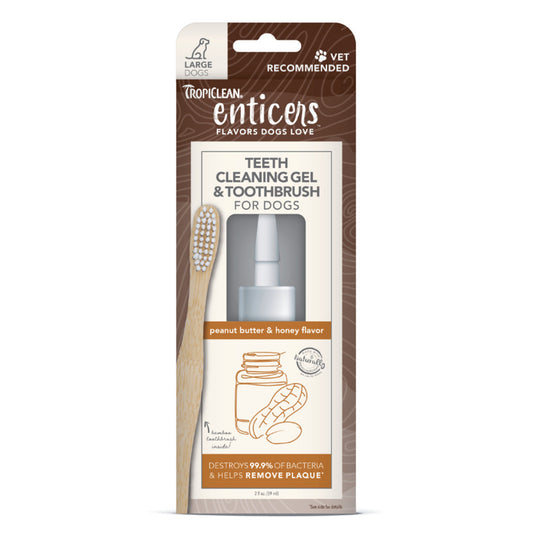 TropiClean Enticers Teeth Cleaning Gel Toothbrush for Dogs Peanut Butter Honey, 1ea/2 oz, LG