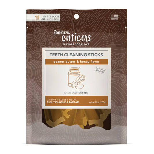 TropiClean Enticers Teeth Cleaning Sticks for Dogs Peanut Butter Honey, 1ea/12 ct