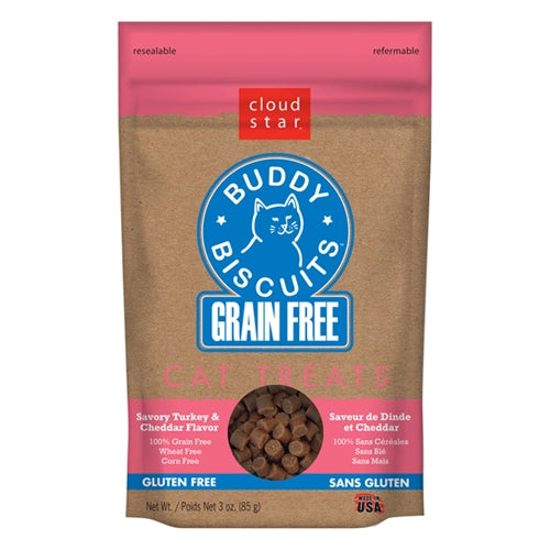 Cloud Star Grain-Free Buddy Biscuits With Savory Turkey and Cheddar Cat Treats, 3-Oz. Bag