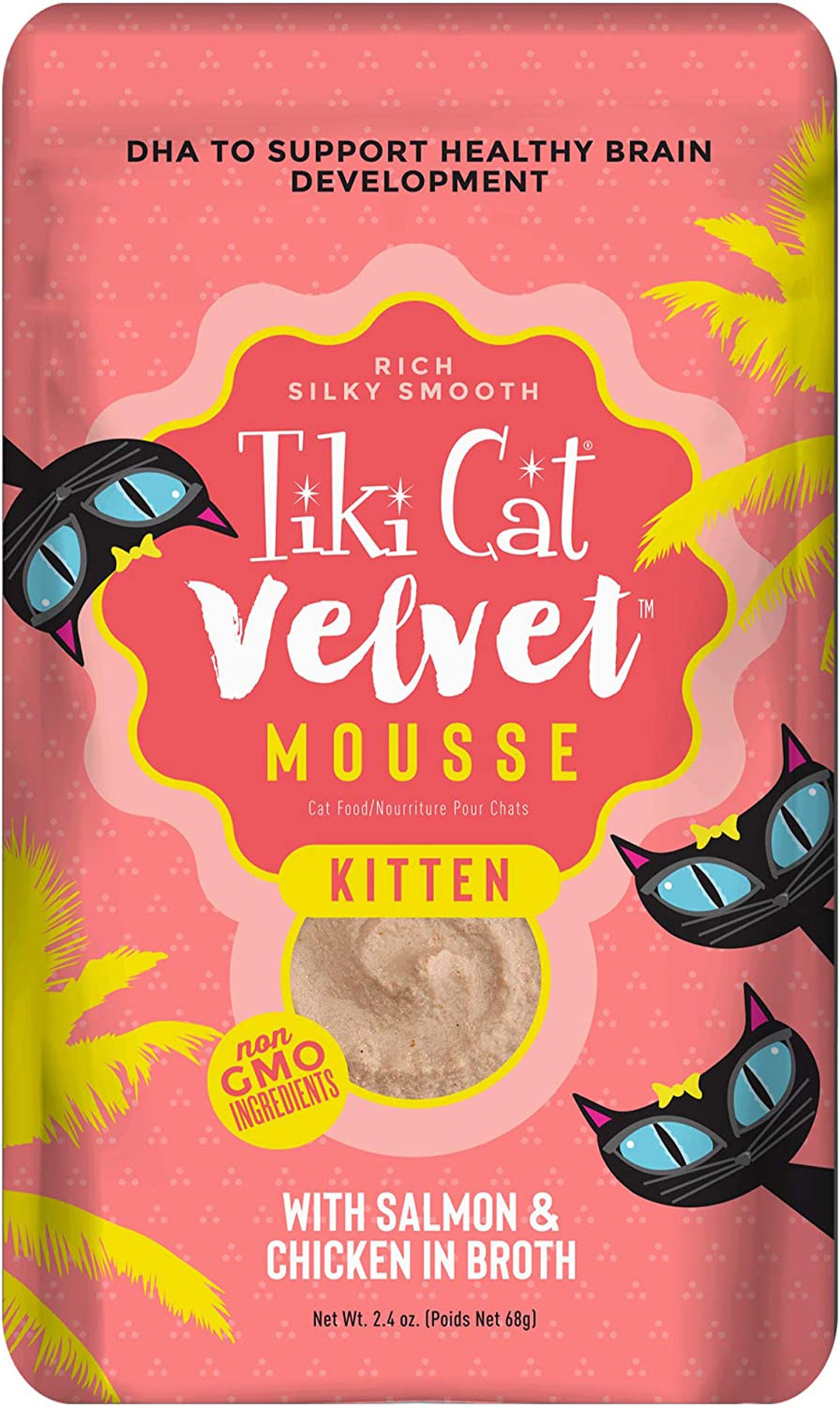 Tiki Pets Cat Velvet Kitten Mousse with Salmon & Chicken in Broth 2.4oz (Case Of 12)