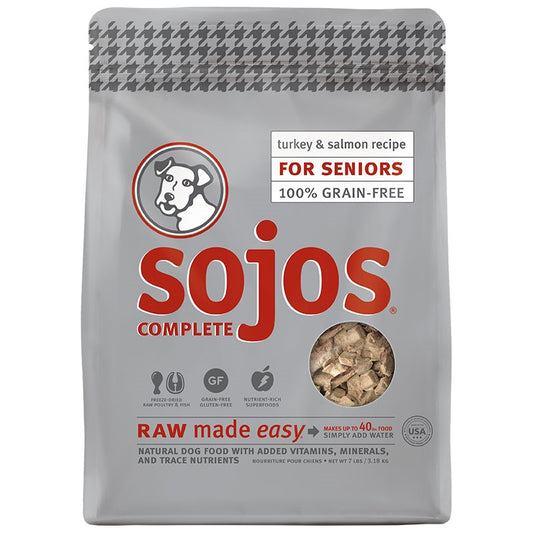 Sojos Complete Turkey and Salmon Recipe Senior Grain-Free Freeze-Dried Dehydrated Dog Food, 7 Lbs