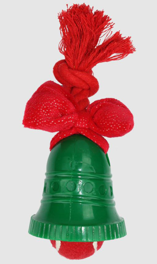 Multipet Holiday Bell w/Rope, Bow and Tennis Ball 8 inch