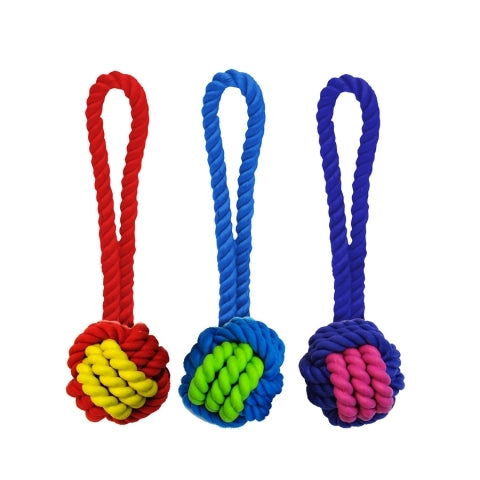 Multipet Nuts For Knots Rope/Rubber Ball W/ Tug (Assorted Colors) 3.25Inch