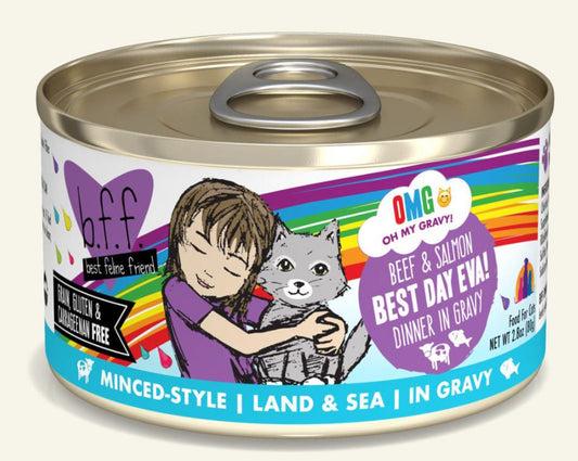 BFF Cat OMG Best Day Eva! Beef & Salmon Dinner in Gravy 2.8oz. (Case Of 12)