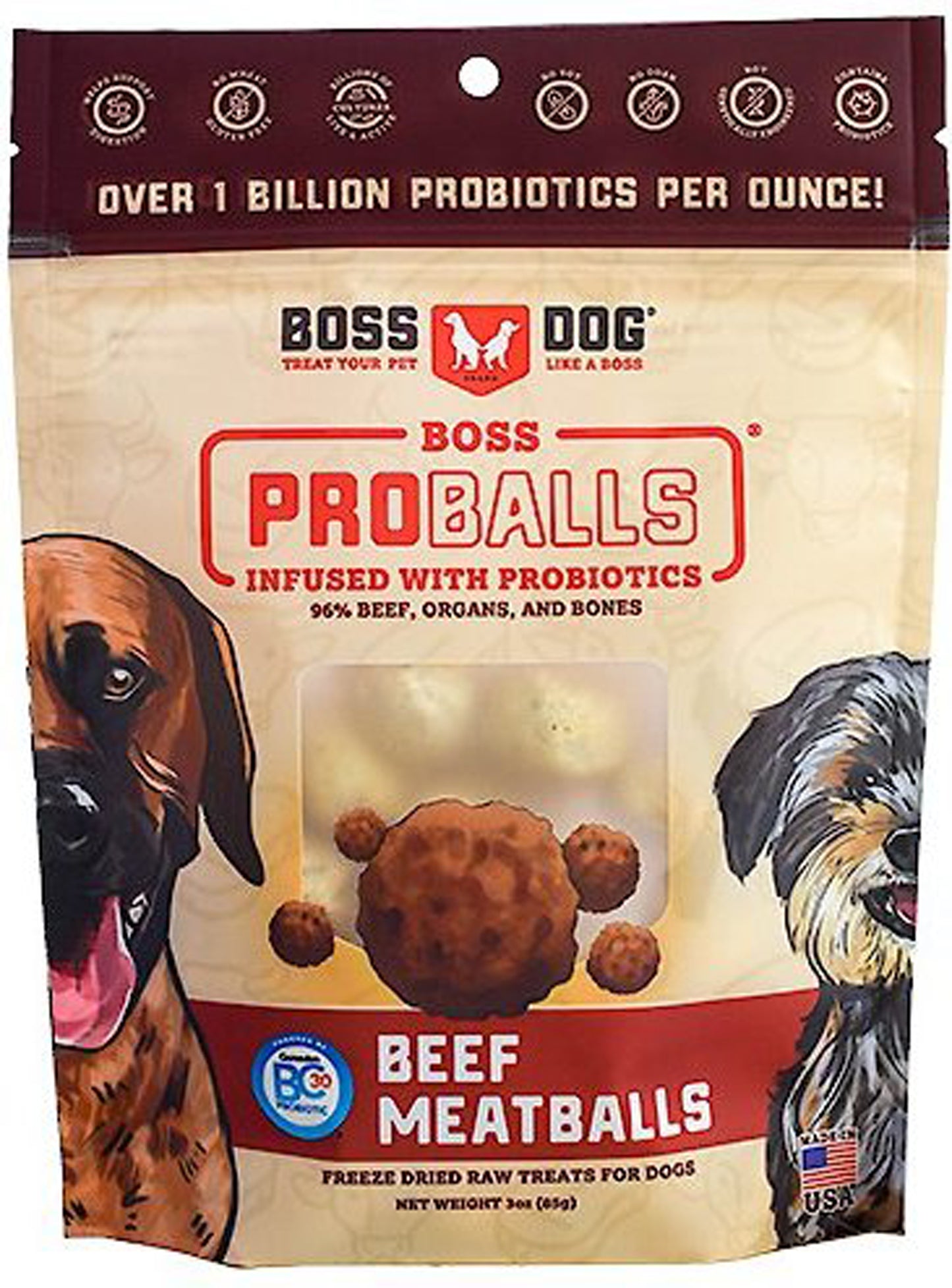 Boss Dog Treat Freeze Dried Raw Meatball Pouch Beef 3oz