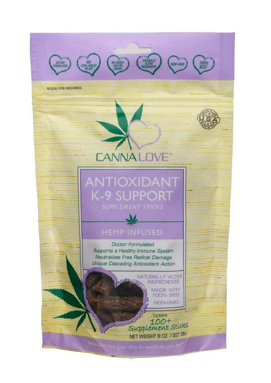 CannaLove Antioxidant K-9 Supplement Sticks Hemp Infused Dog Treat 8 oz 100+ Supplement Sticks