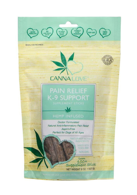 CannaLove Pain Relief K-9 Supplement Sticks Hemp Infused Dog Treat 8 oz 100+ Supplement Sticks